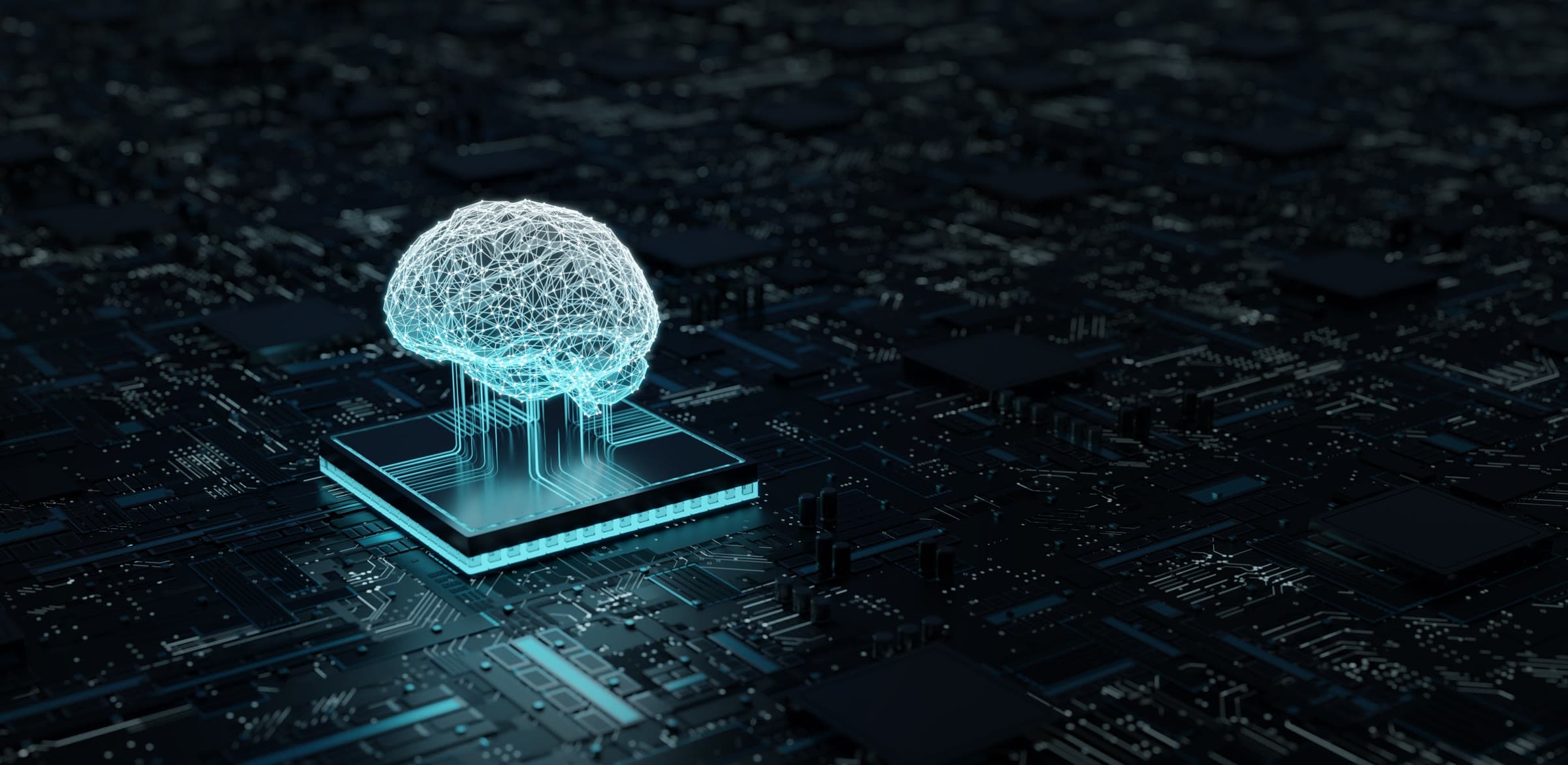Wireframe neural network rendered above a microchip on a circuit board