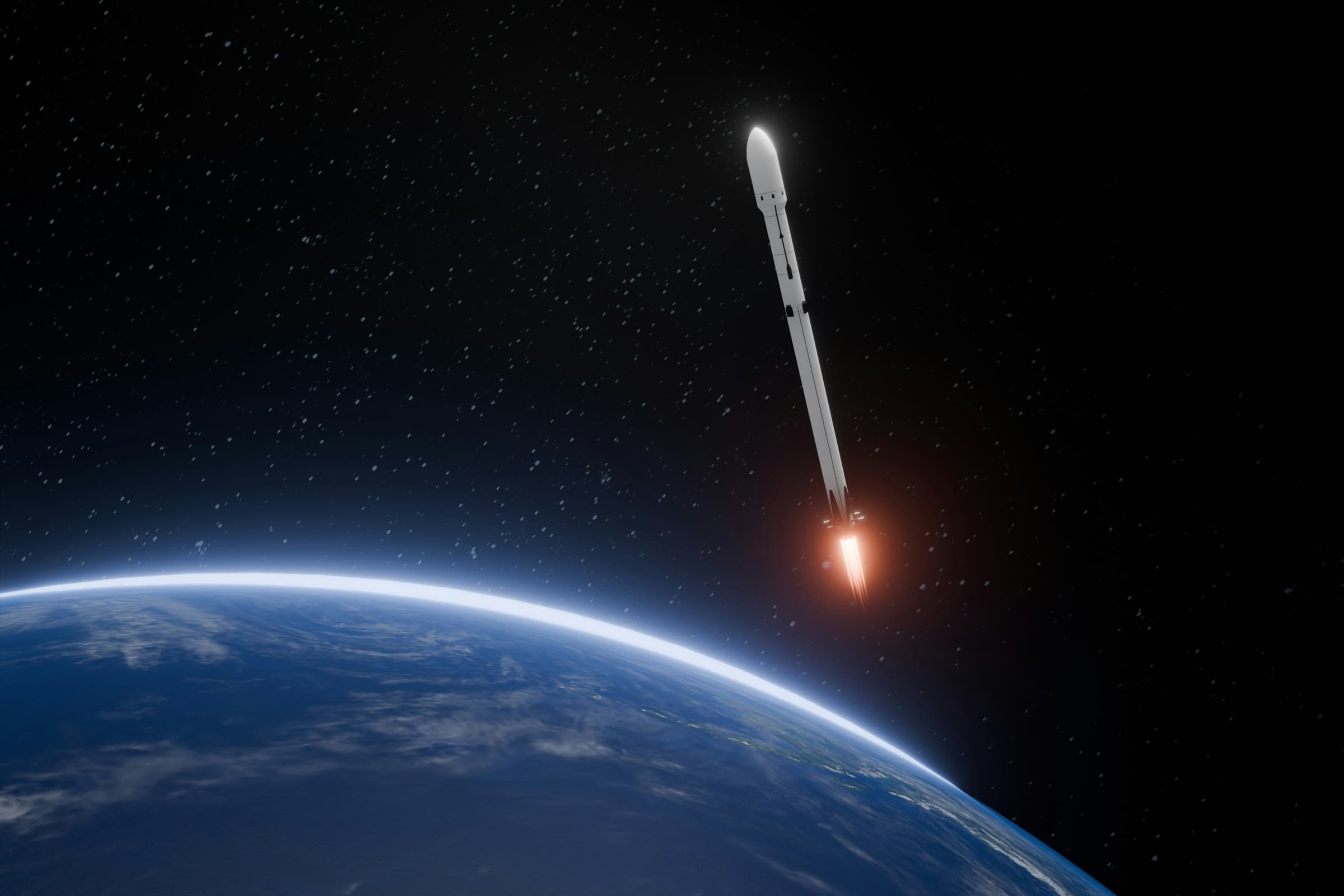 Rocket ascending into orbit above the curve of the Earth